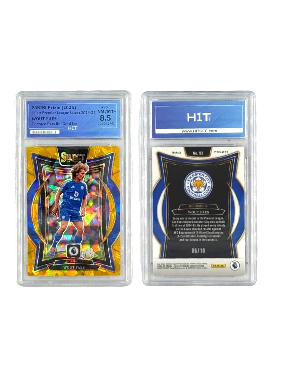 Panini Prizm Wout Faes Terrace Parallel Gold Ice (Select Premier League Soccer 2024-25) 00003295